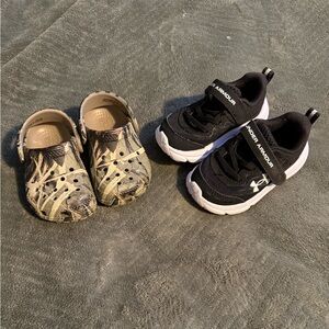 CROCS Camouflage Kids Clogs and Under Armor shoes size 5.